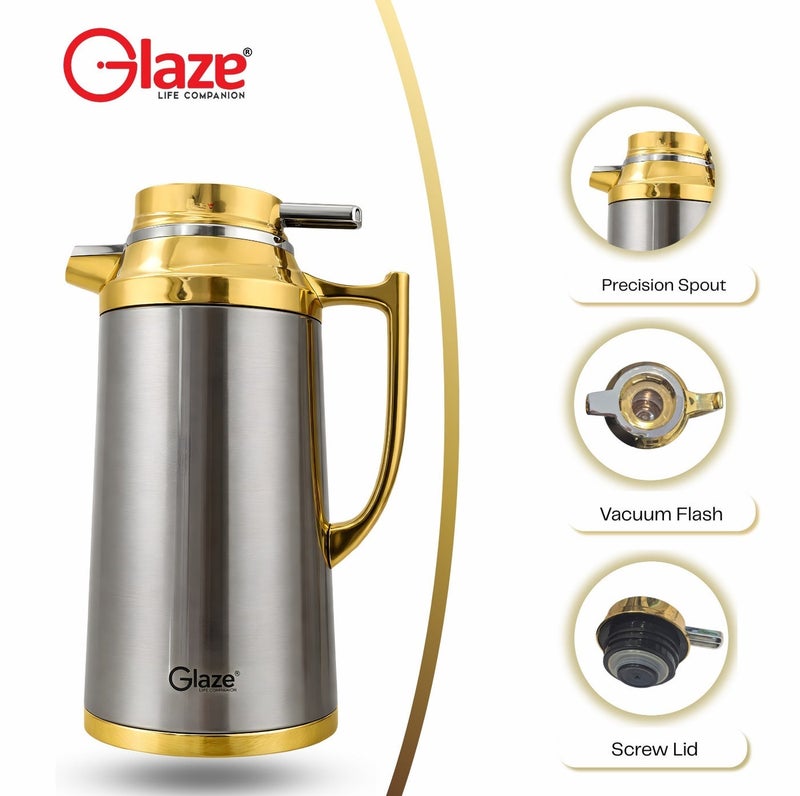 Glaze 1.9L Stainless Steel Vacuum Insulated Thermal Carafe, Hot & Cold Thermos Jug with Leakproof Lid, Coffee & Tea Server for Home, Office & Travel – Luxury Gold Finish - Image 2